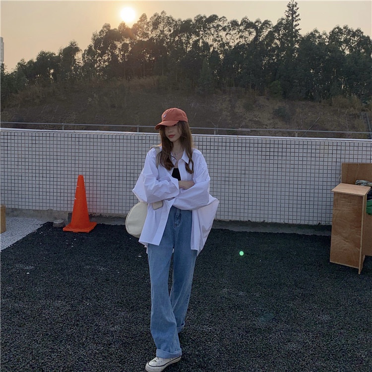 Áo sơ mi tay dài dáng rộng màu trắng/ xanh dương tùy chọn phong cách Hàn Quốc thời trang mùa thu cho nữ