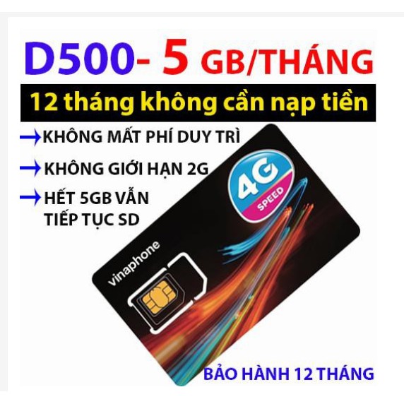 (FREESHIP) Sim Vina D500 5,5G/THÁNG ( Miễn phí vào mạng 12 tháng , Tốc độ 4G ) , Sim bảo hành 12 tháng