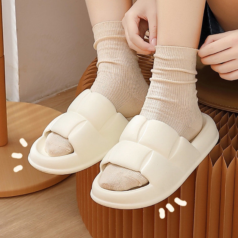 Dép Bánh Mì Nữ Xốp Êm Chân Quai Ngang Hoạ Tiết Khối Đế Cao 4cm D54 (Nâng 1 size)