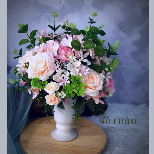 Ảnh shop chụp) Bình Hoa Giả Tone Hồng Trang Trí Nhà Cửa, Decor Phòng Khách Chất Liệu Lụa Cao Cấp Mê Thảo Flower