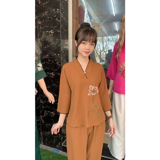 (Vải đũi) Đồ lam đi chùa nữ mẫu Nút ngọc