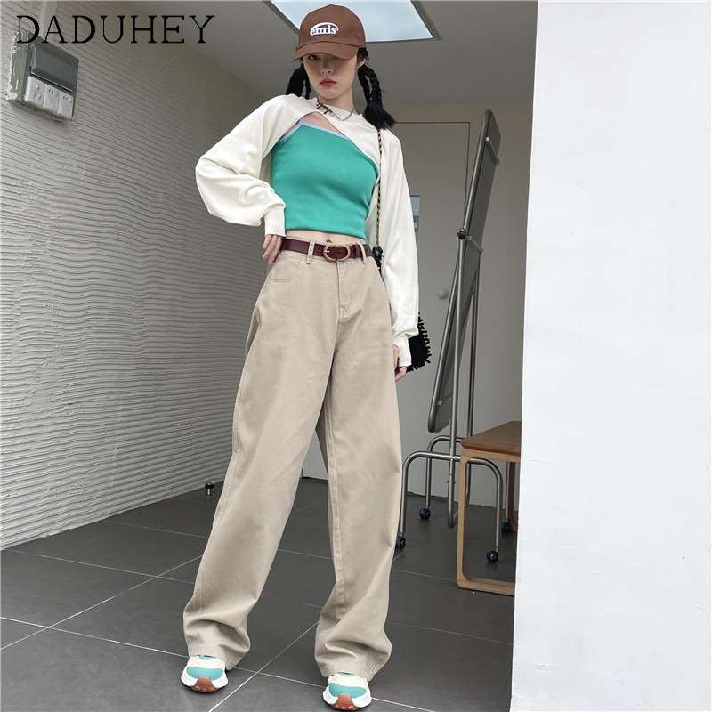 Daduhey Quần dài ống rộng lưng cao 6 màu tùy chọn thời trang năng động cho nữ
