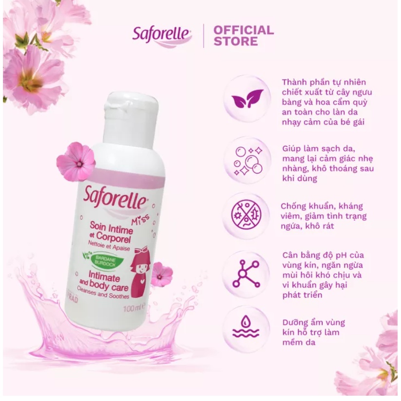 Dung dịch vệ sinh bé gái Saforelle Miss cao cấp giúp làm sạch, dưỡng ẩm vùng da nhạy cảm của bé gái 100ml