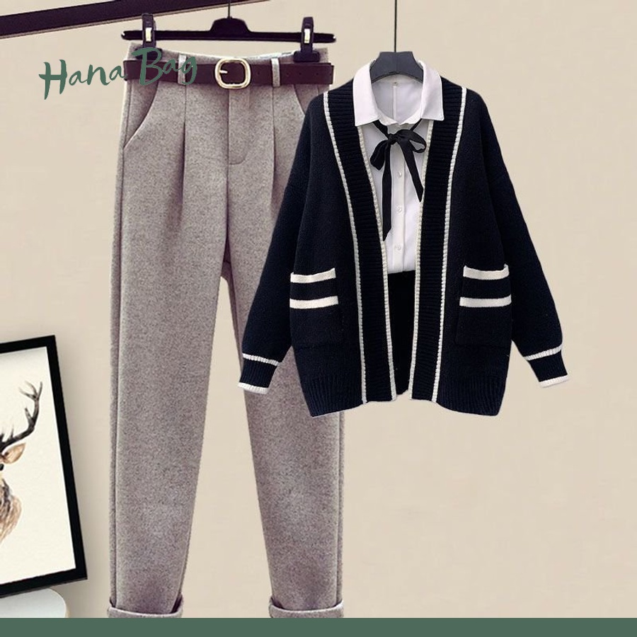 Áo cardigan nữ oversize, áo khoác ngoài loại 1 có viền sọc trắng đen chất liệu len dày đặn | BigBuy360 - bigbuy360.vn