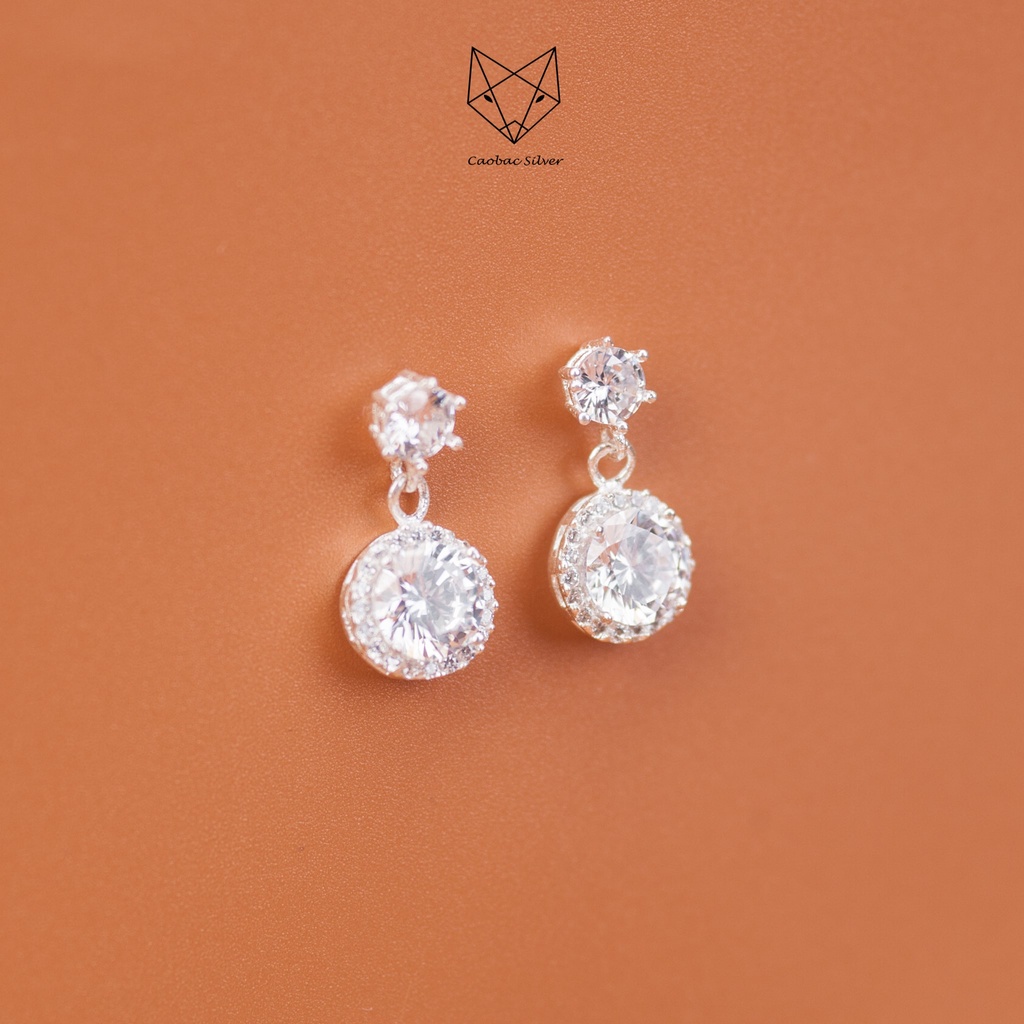 Khuyên Bạc Ta S925 Đính Đá Cao Cấp CaoBac Silver Ổ Đá Tròn Đá Rơi Phong Cách Dễ Thương, Đáng Yêu Cho Nữ