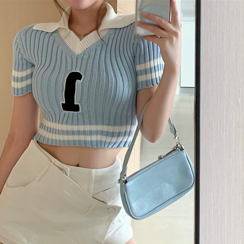 Áo Polo Dệt Kim Tay Ngắn Cổ Chữ V Thời Trang Mùa Hè Cho Nữ