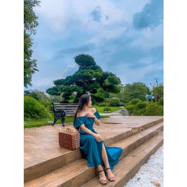 Maxi đi biển nữ Ton.Clothing maxi bẹt vai vải mịn mát họa tiết đẹp 2 lớp dễ thương xinh xắn màu trắng MAXI008