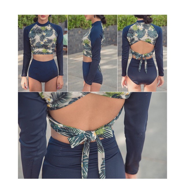 Bikini Dài Tay Hoa Xanh Hai Mảnh Cạp Cao Quảng Châu Hottrend 2021 Sexy Xịn Đẹp | BigBuy360 - bigbuy360.vn