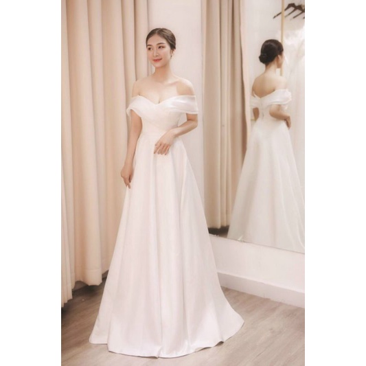 Đầm váy dạ hội cô dâu đi bàn sang trọng bẹt vai phối nơ lưng