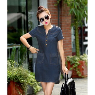 Đầm Jean Phối Túi Cổ V Thời Trang