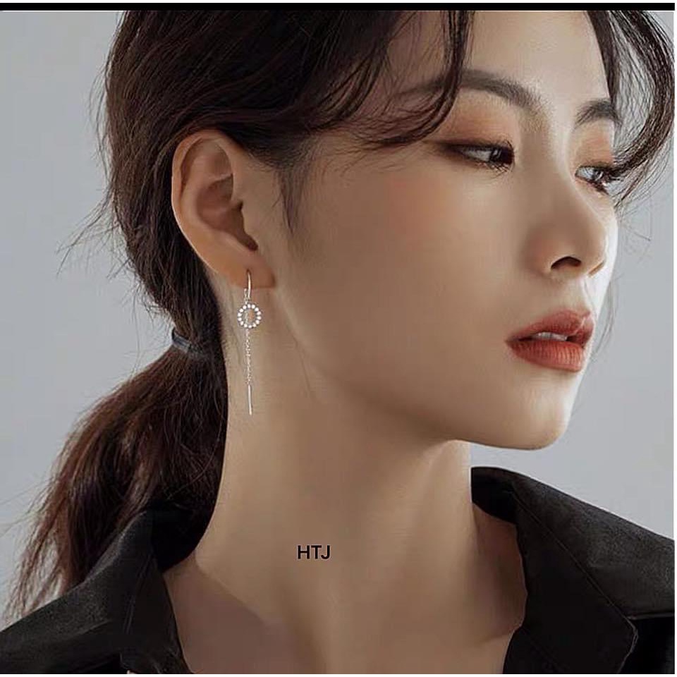 Bông tai nữ bạc thật mặt tròn đính đá dáng dài cực đẹp - Kho sỉ bạc Nhất Linh
