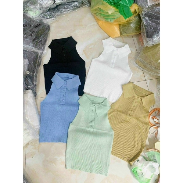 Áo thun nữ sát nách cổ bẻ thun gân sexy tôn dáng