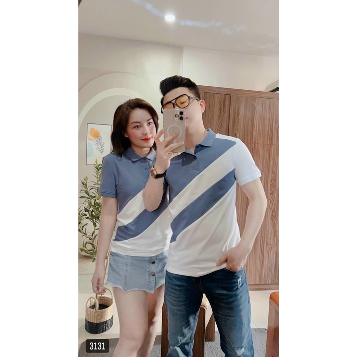 Áo polo cá sấu, áo đôi nam - nữ sọc chéo trắng xanh dương, có cổ, áo couple, xịn xò
