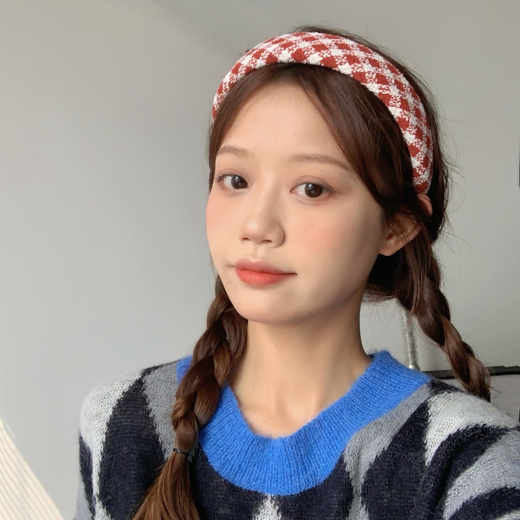 Băng đô cài tóc họa tiết kẻ ô đơn giản đa năng cho nữ