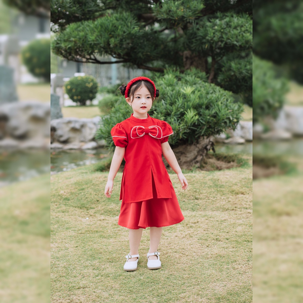 Áo dài cho bé gái ILABY thiết kế nhung viền trước ngực [IG0686]