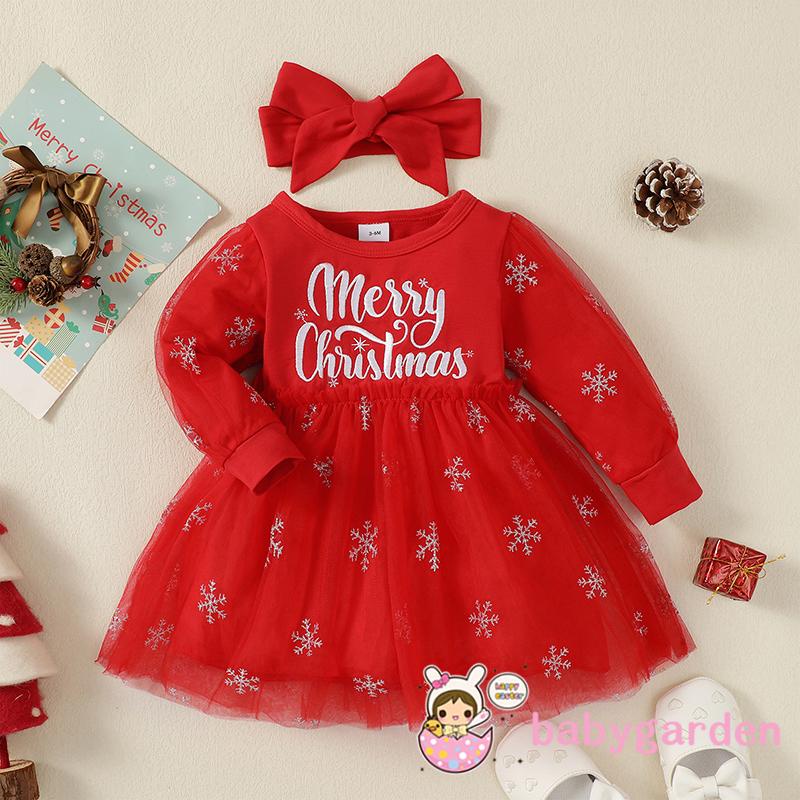 Đầm Vải Tuyn Tay Dài Phồng Thêu Chữ Thời Trang Giáng Sinh Cho Bé Gái 3 Tháng Đến 3 Tuổi Kèm Băng Đô