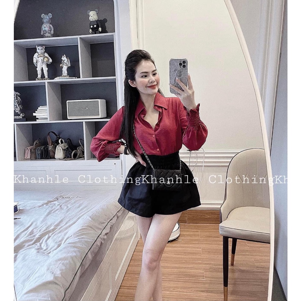 Áo sơ mi sước lụa đỏ chun tay thời trang nữ xuân hè