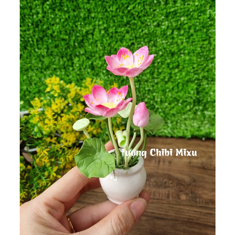 Chậu hoa sen hồng bằng đất sét Nhật y hình