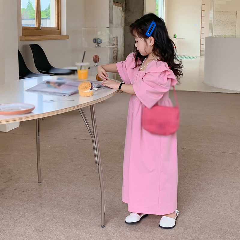 Áo Liền Quần Cổ Cánh Hoa Tay Ngắn Màu Trơn Thời Trang Mùa Hè Cho Bé Gái Se7en