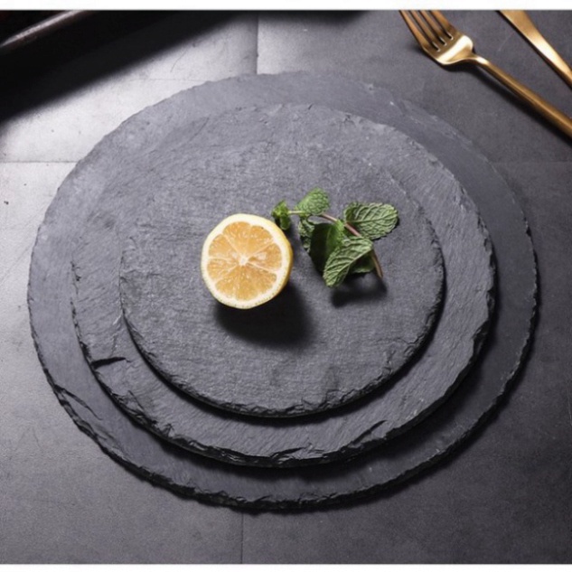 Thớt/ Đĩa đá Tròn - Vuông thiên nhiên decor màu đen chụp hình siêu sang