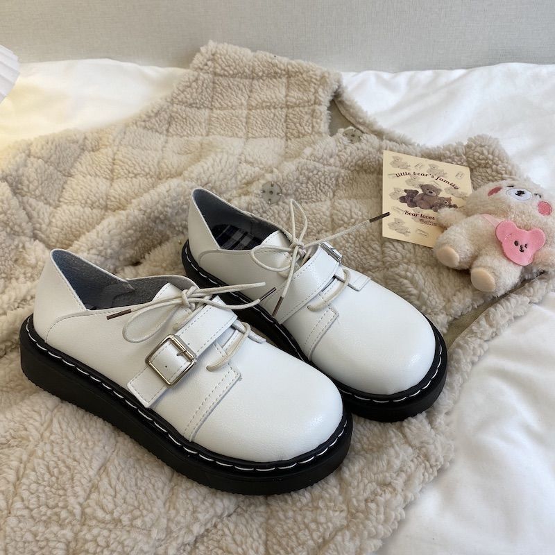 youngz Women's Shoes Spring New Style White Leather Shoes Female Students Velcro LolitajkBig Head Shoes British White Shoes