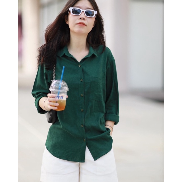 Áo sơ mi nữ form rộng RUCHAN tay dài linen kiểu dáng oversize basic có cổ thiết kế nhiều màu thời trang