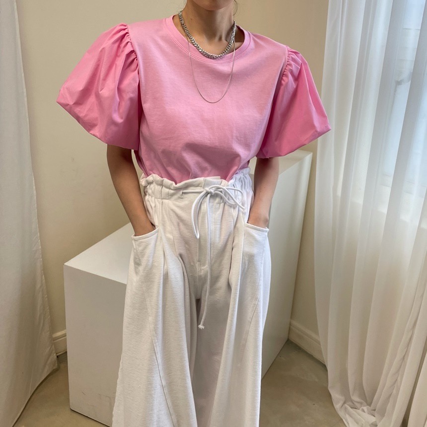 Chất Lượng Tốt Áo Thun Dệt Kim Tay Phồng Ngắn Cổ Tròn Màu Hồng Phong Cách Dongdaemun Hàn Quốc