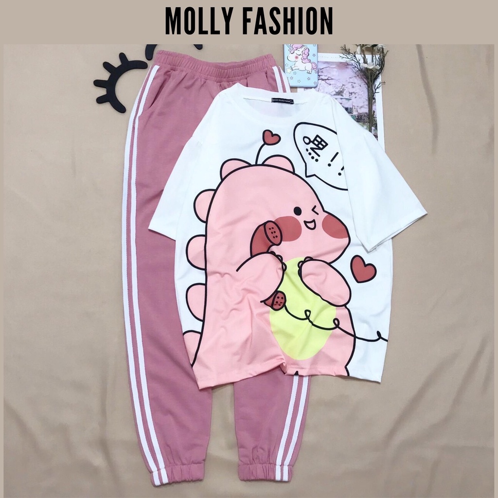 Set đồ bộ quần dài Jogger 2 Sọc KLONG BỰ ❤️ Bộ hoạt hình form rộng Freesize Unisex nam nữ Molly Fashion