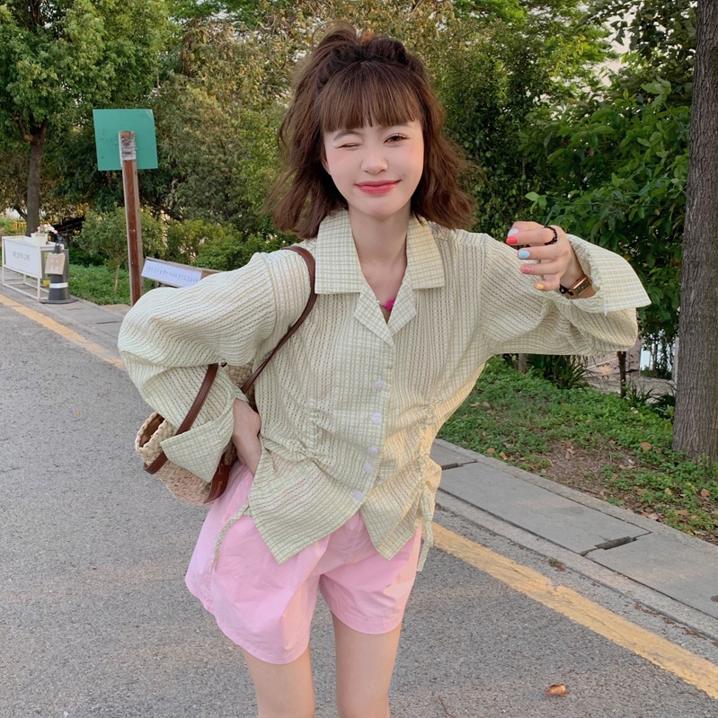 Áo sơ mi SUXI tay dài dáng rộng kẻ sọc phong cách Hàn Quốc thời trang mùa hè cho nữ