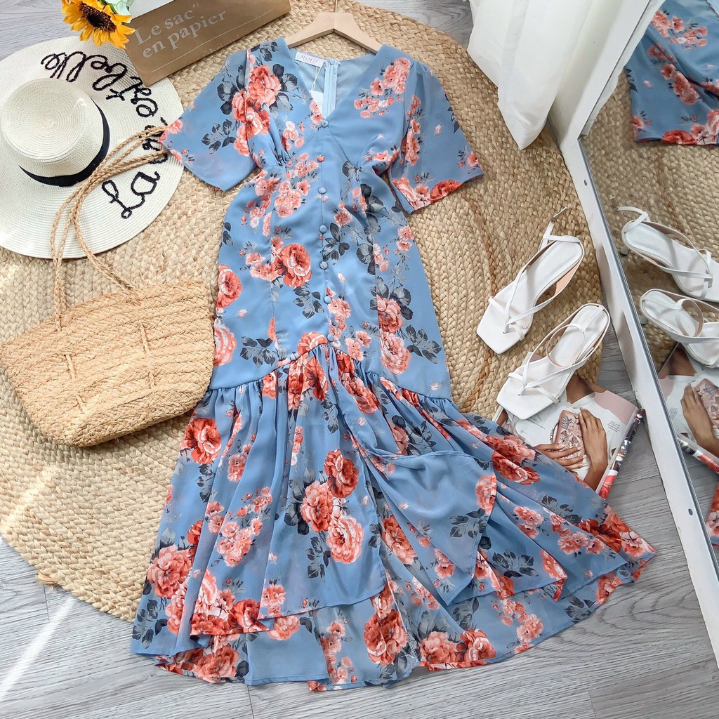 Đầm hoa đuôi cá nút bọc | BigBuy360 - bigbuy360.vn