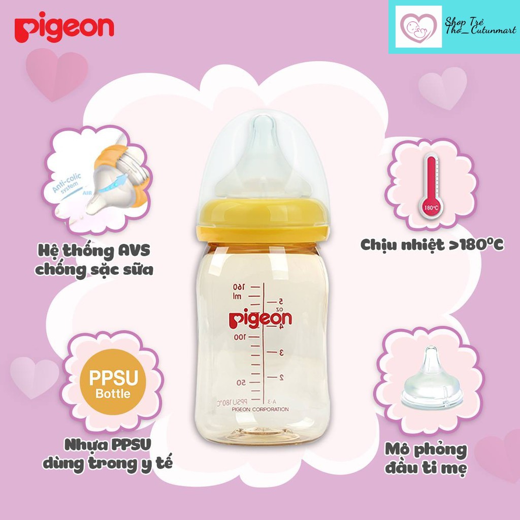 Bình sữa PIGEON (MADE IN THAILAND) cổ rộng Loại 160ml/240ml, Nhựa PPSU cao cấp bình pig