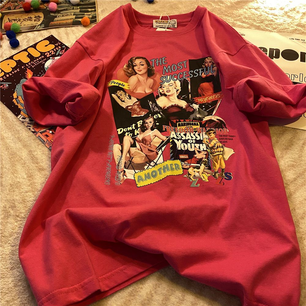 Áo Thun Tay Ngắn Dáng Rộng In Hình Chân Dung Sáng Tạo Phong Cách Đường Phố Mỹ Cho Nữ