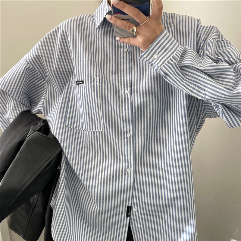 Áo sơ mi SUXI tay dài dáng rộng họa tiết kẻ sọc dễ phối đồ phong cách Hàn Quốc thời trang dành cho nữ