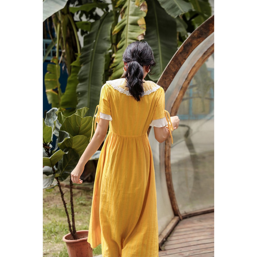 Đầm Vàng Thanh Tao Tay Cách Điệu - Thiết Kế - Hàng Cao Cấp