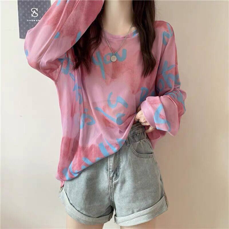 Áo thun IELGY tay dài dáng rộng phối lưới phong cách Pháp thời trang mùa hè cho nữ