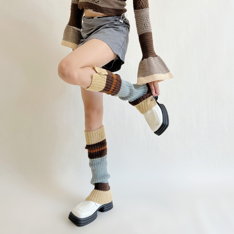 Yoioi Vớ Giữ Ấm Chân Kẻ Sọc Màu Tương Phản Phối Nút Bên Hông Cho Nữ Sinh