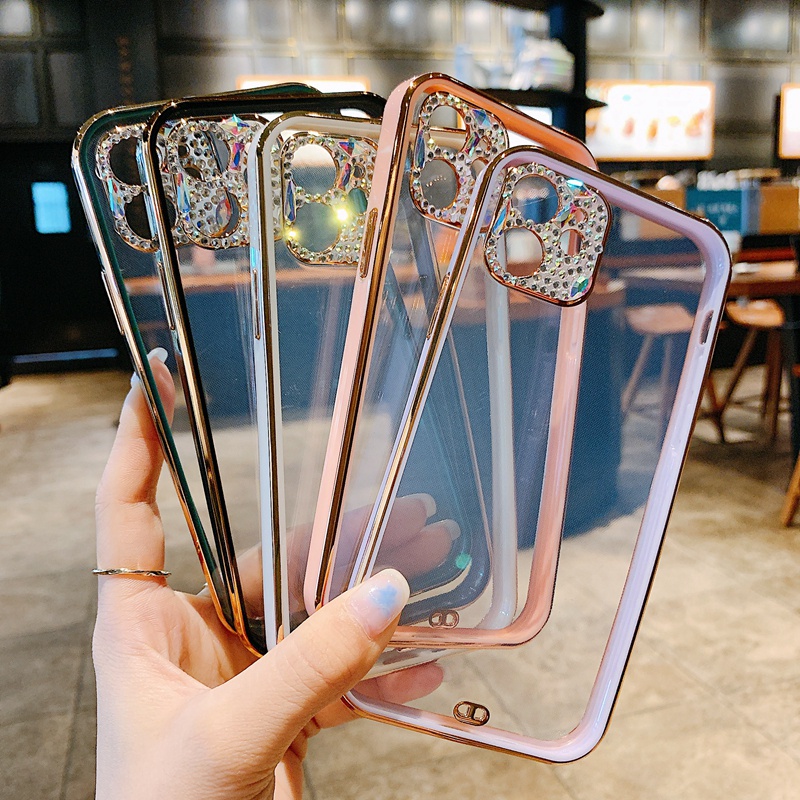 Ốp Điện Thoại Mềm Trong Suốt Mạ Viền Hình Máy Ảnh Đính Đá Cho Iphone 11 12 Pro Max 7 8 Plus Se 2020 Thời Trang