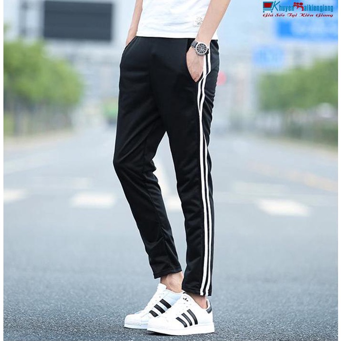 Quần thể thao 2 sọc nữ nam ống suông dài rộng tập gym tập thể dục.