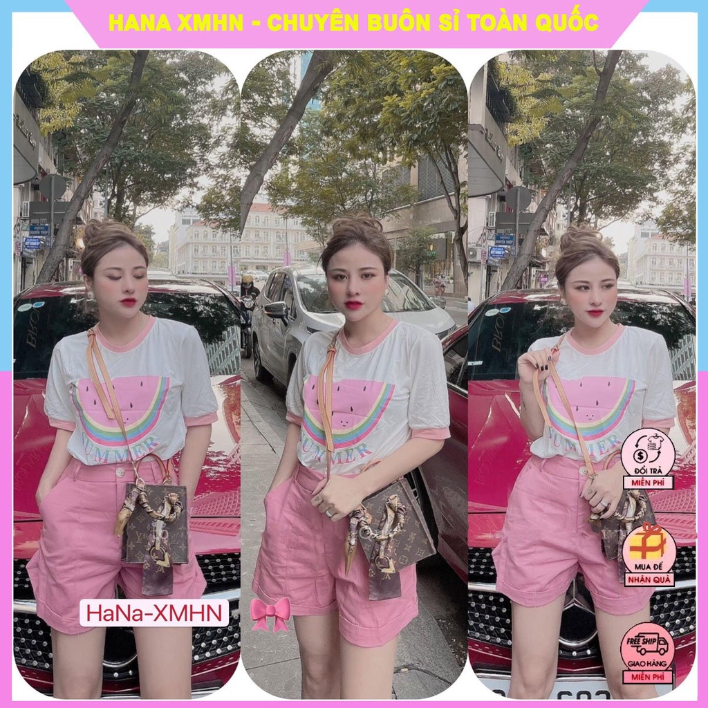 [MUA 1 ĐƯỢC 2] Set Trang Phục Nữ, Set Áo Phông Nữ Phối Quần Màu Hồng Siêu Xinh