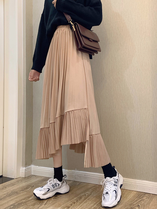 Chân váy midi nữ dáng dài retro 2021, Chân váy uzzlang hàn quốc xếp li đuôi cá,vạt lệch màu đen hồng kem du lich công sở | BigBuy360 - bigbuy360.vn