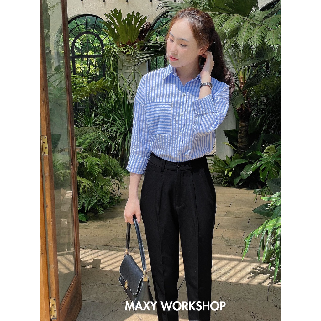 Áo sơ mi tay dài có túi họa tiết kẻ sọc thời trang Shirt Maxy Workshop