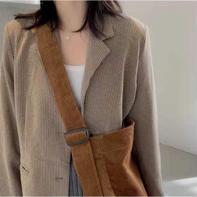 Túi Xách Vải Nhung Kẻ Dung Tích Lớn Phong Cách Retro Dễ Phối Đồ