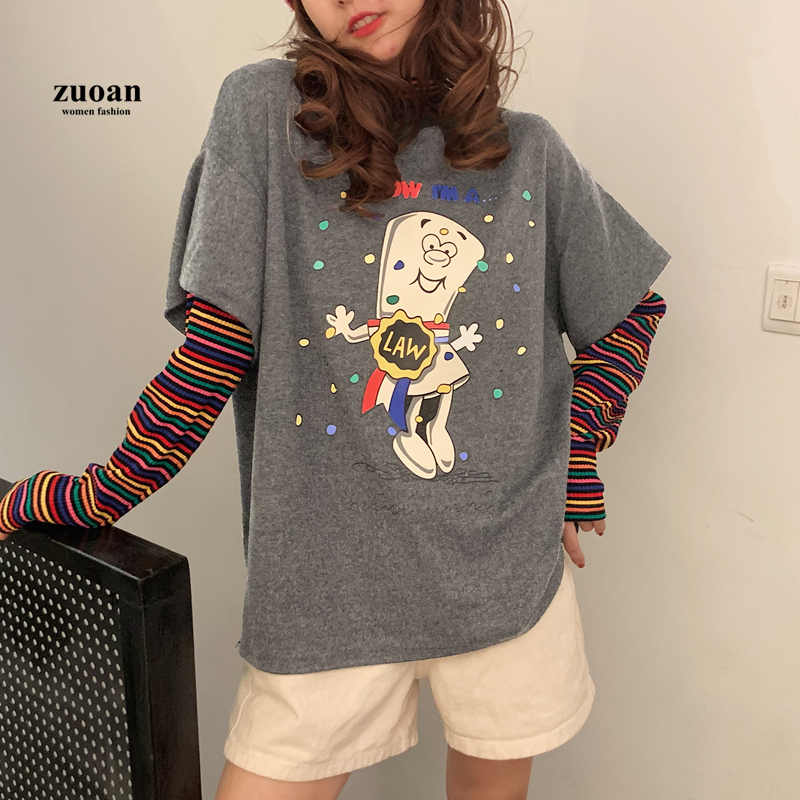 SUXI Áo Thun Hàn Quốc Tay Dài Phối Hoạ Tiết Hoạt Hình