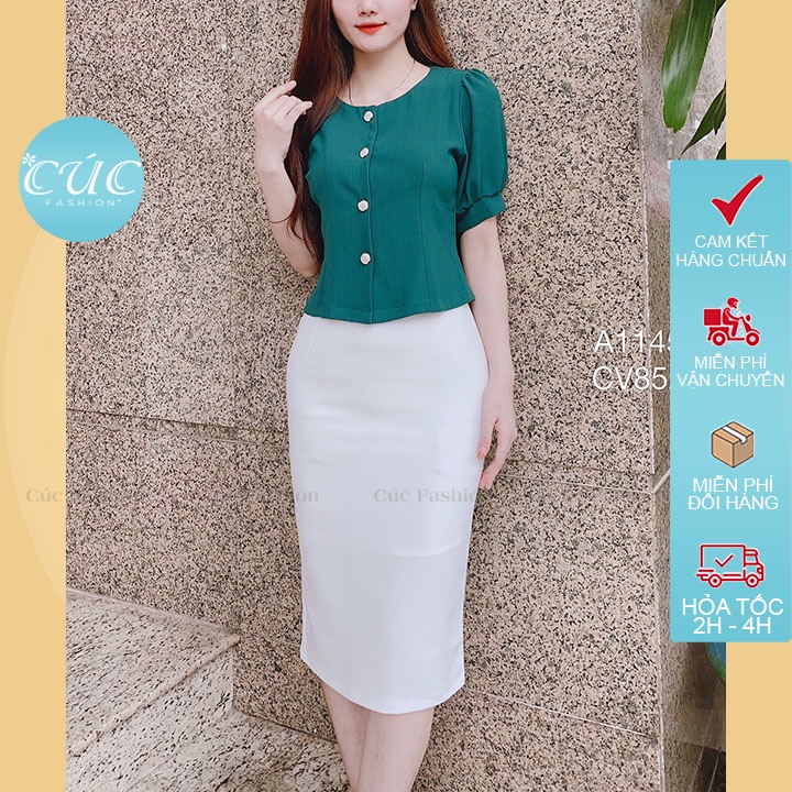 Áo sơ mi nữ CÚC FASHION somi tay ngắn cao cấp vải lụa đẹp kiểu công sở màu xanh cam sơ mi croptop 4 cúc A1145