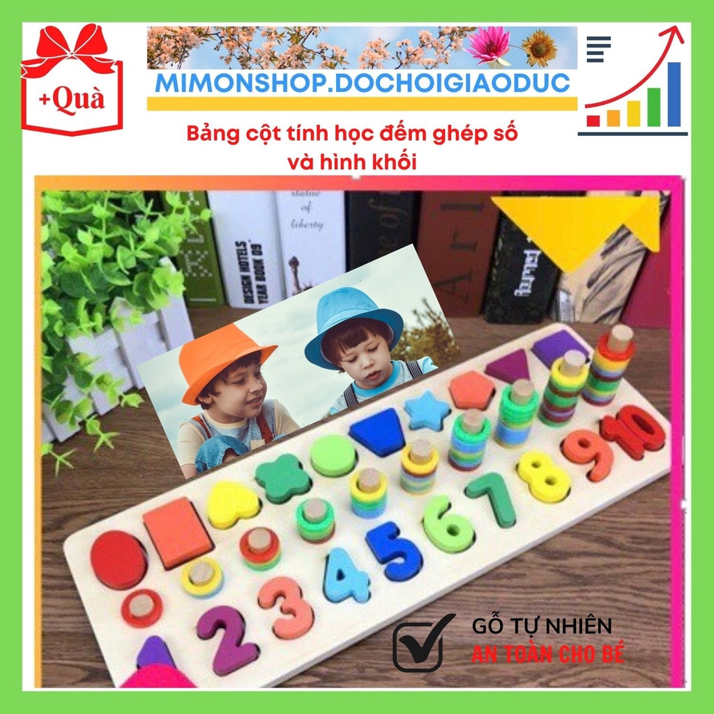 Bảng cột tính học đếm ghép số và hình khối bằng gỗ 3 in 1 cho bé kích thích phát triển tư duy MIMON