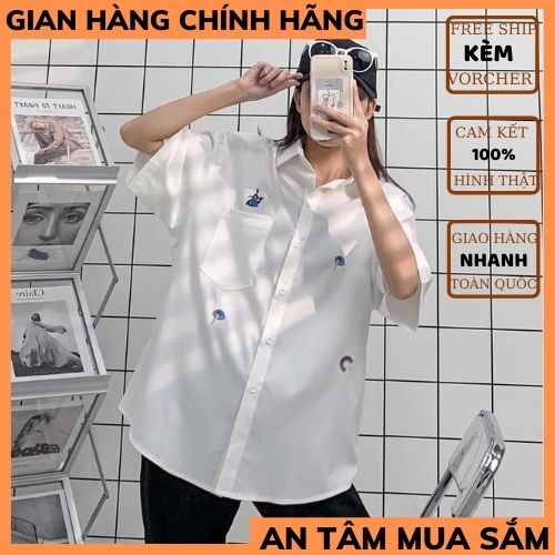 Áo sơ mi cộc tay thêu hình ngộ nghĩnh nữ 🍀áo sơ mi nữ UNISEX ,chất thô mềm chuẩn form  phong cách hàn quốc THỜITRANG1989