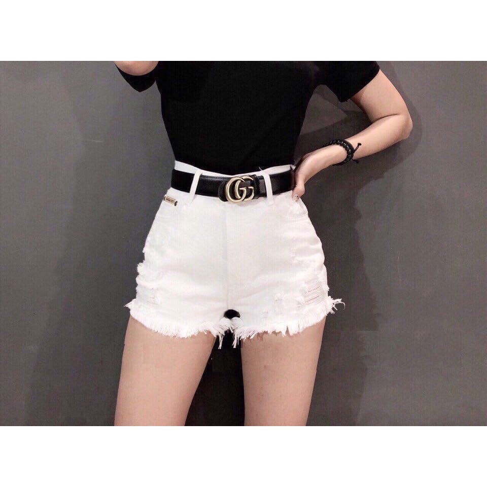 QUẦN SHORT JEAN NỮ ĐEN - TRẮNG LAI TUA RÁCH TRƯỚC 0M4