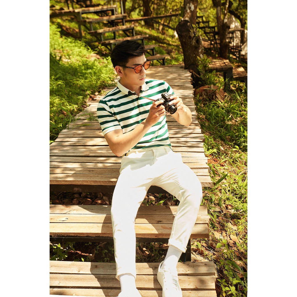 Áo Polo Americus Gosani Sọc Ngang Chất Liệu Cotton Màu Xanh lá Và Xanh Dương