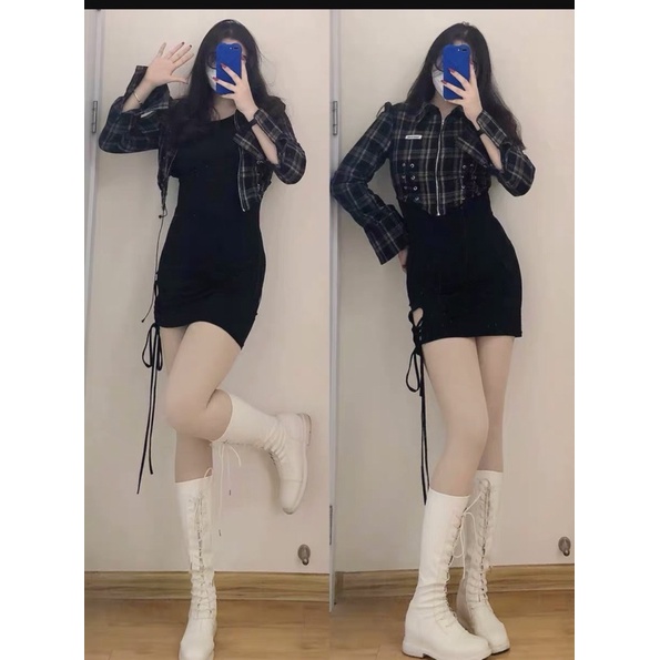 Áo Khoác Sơ Mi Croptop Kẻ Caro Khoá Kéo Phong Cách Cá Tính Năng Động