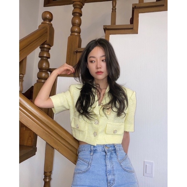 Áo croptop tweed cho nữ dáng ngắn khuy ngọc